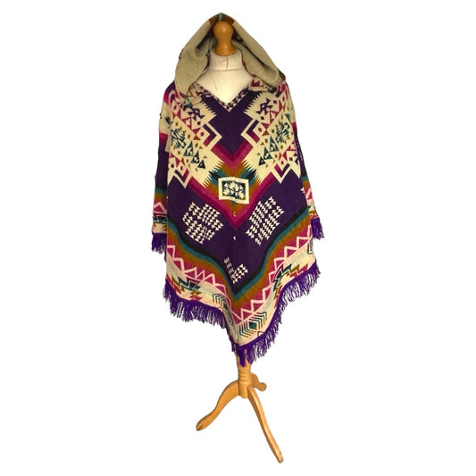 Purple Alpaca Wool Hooded Poncho with Aztec Pattern