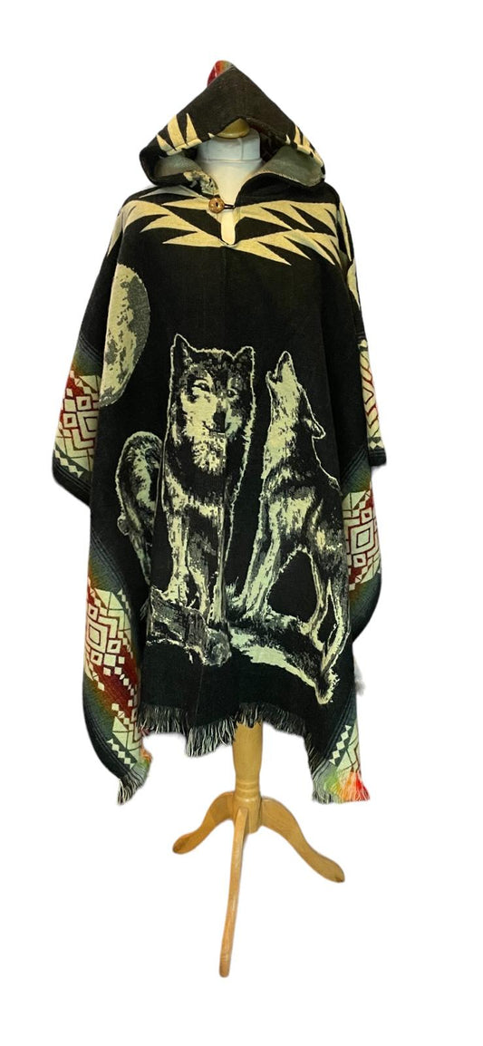 Black Alpaca Wool Hooded Poncho with Foxes