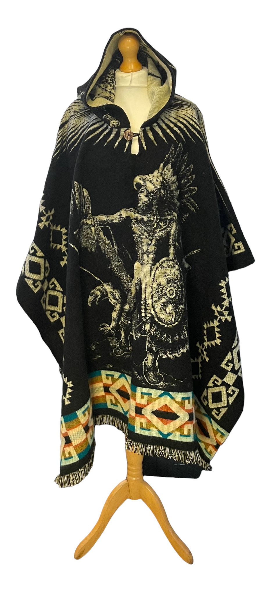 Black Alpaca Wool Hooded Poncho with Native American & Aztec Pattern