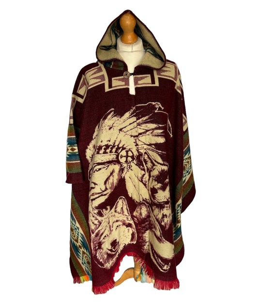 Burgundy Alpaca Wool Hooded Poncho with Indiana tribe