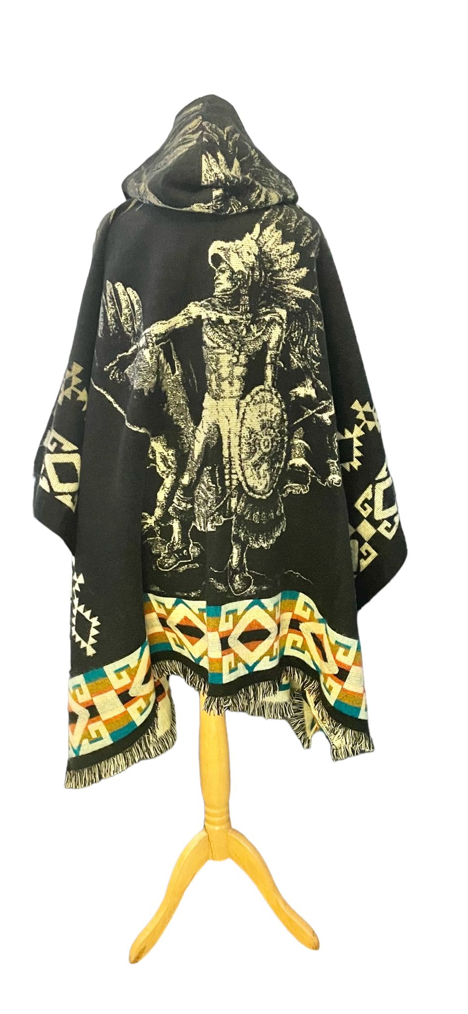 Black Alpaca Wool Hooded Poncho with Native American & Aztec Pattern