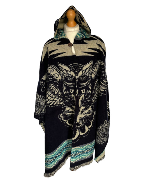 Black Alpaca Wool Hooded Poncho with Owl