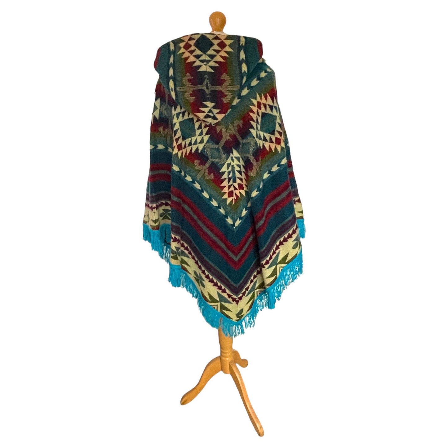 Teal Alpaca Wool Hooded Poncho with Aztec Pattern