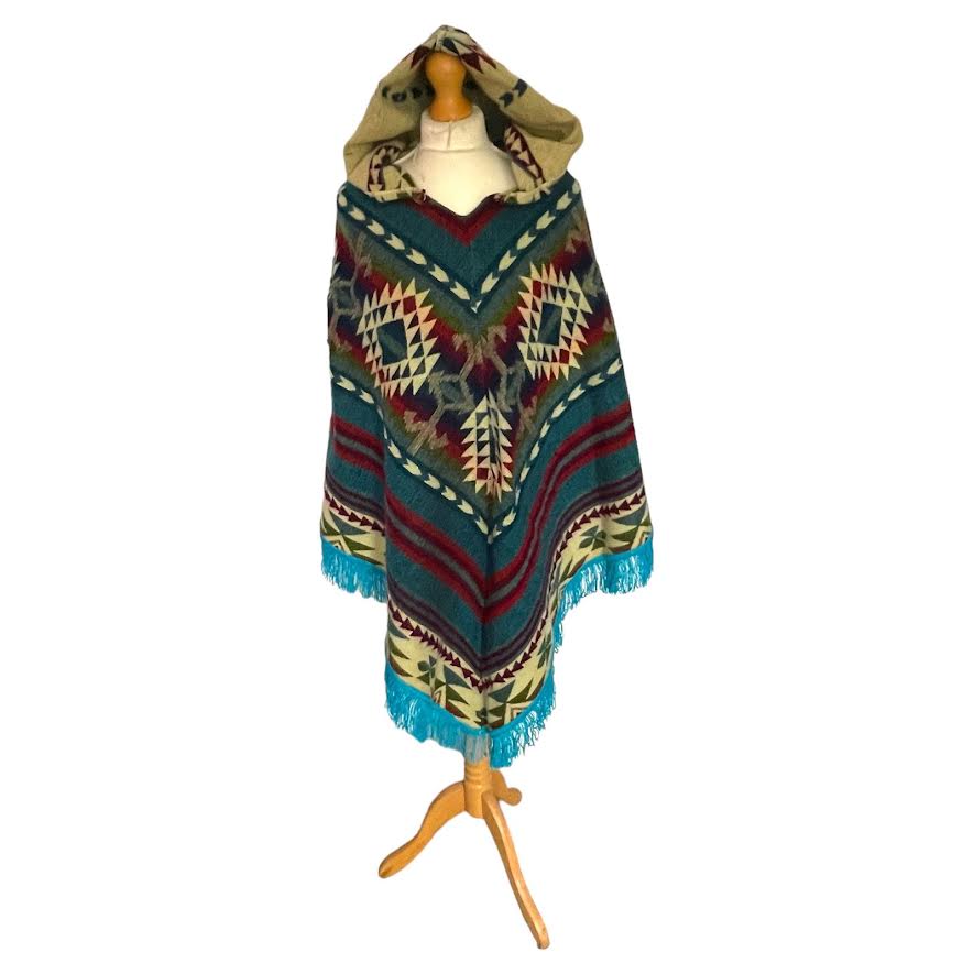 Teal Alpaca Wool Hooded Poncho with Aztec Pattern