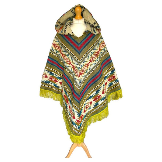 Yellow Alpaca Wool Hooded Poncho with Aztec Pattern