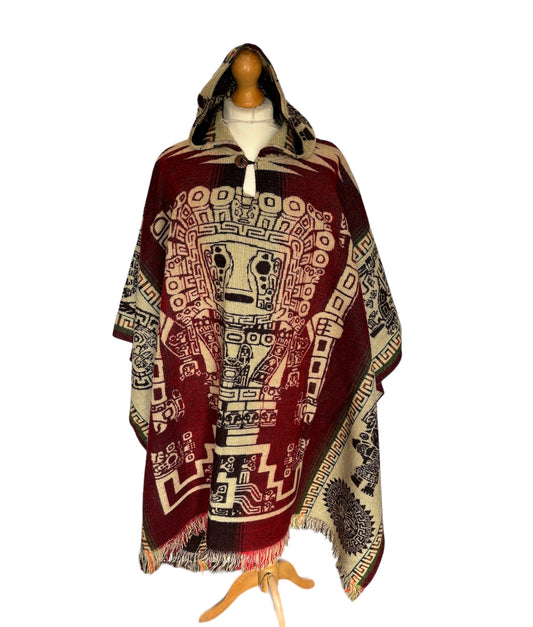 Burgundy Alpaca Wool Hooded Poncho with tribal masks