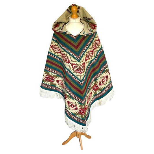 Multi coloured Alpaca Wool Hooded Poncho with Aztec Pattern