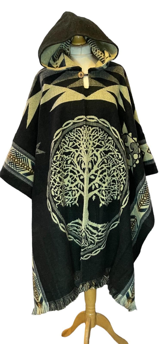 Black & Beige Alpaca Wool Hooded Poncho with Majestic Tree