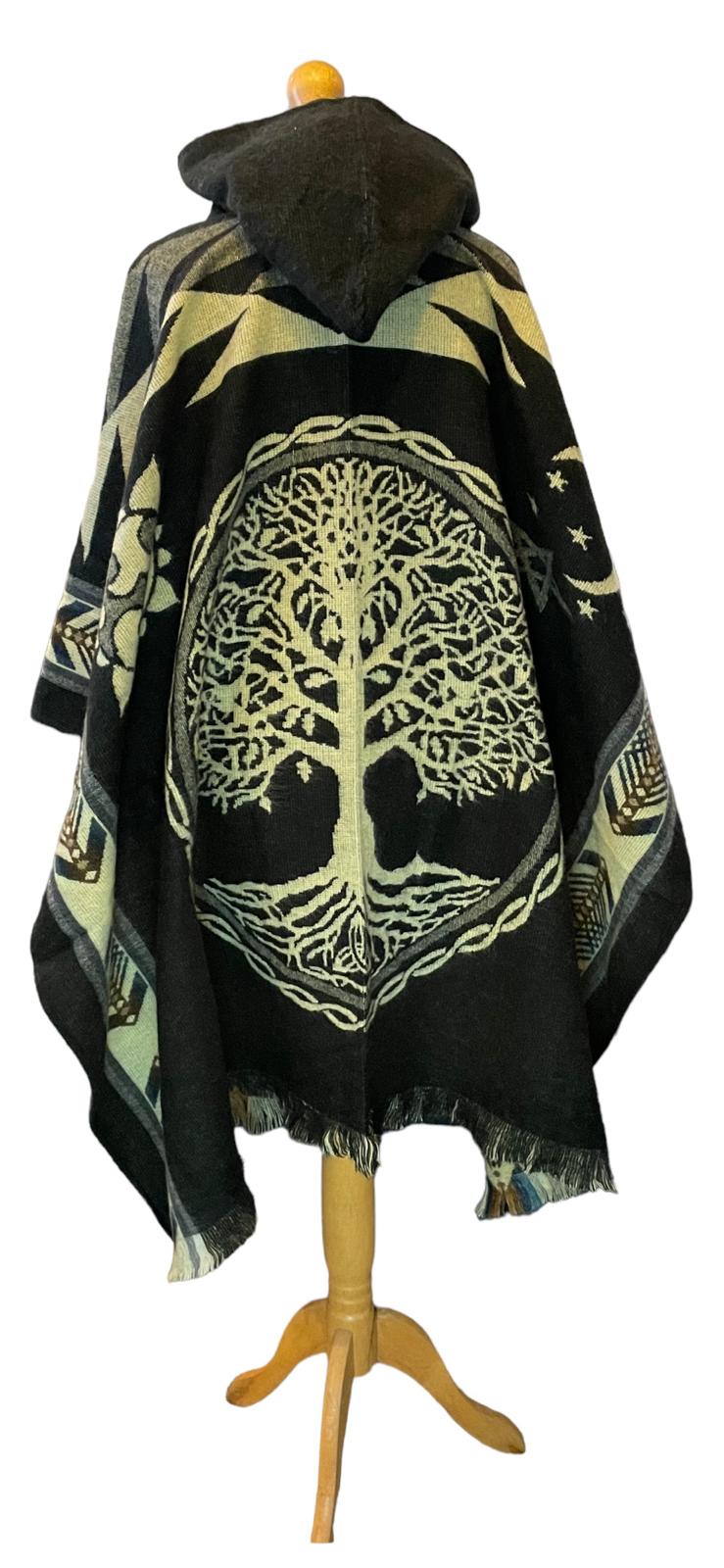 Black & Beige Alpaca Wool Hooded Poncho with Majestic Tree