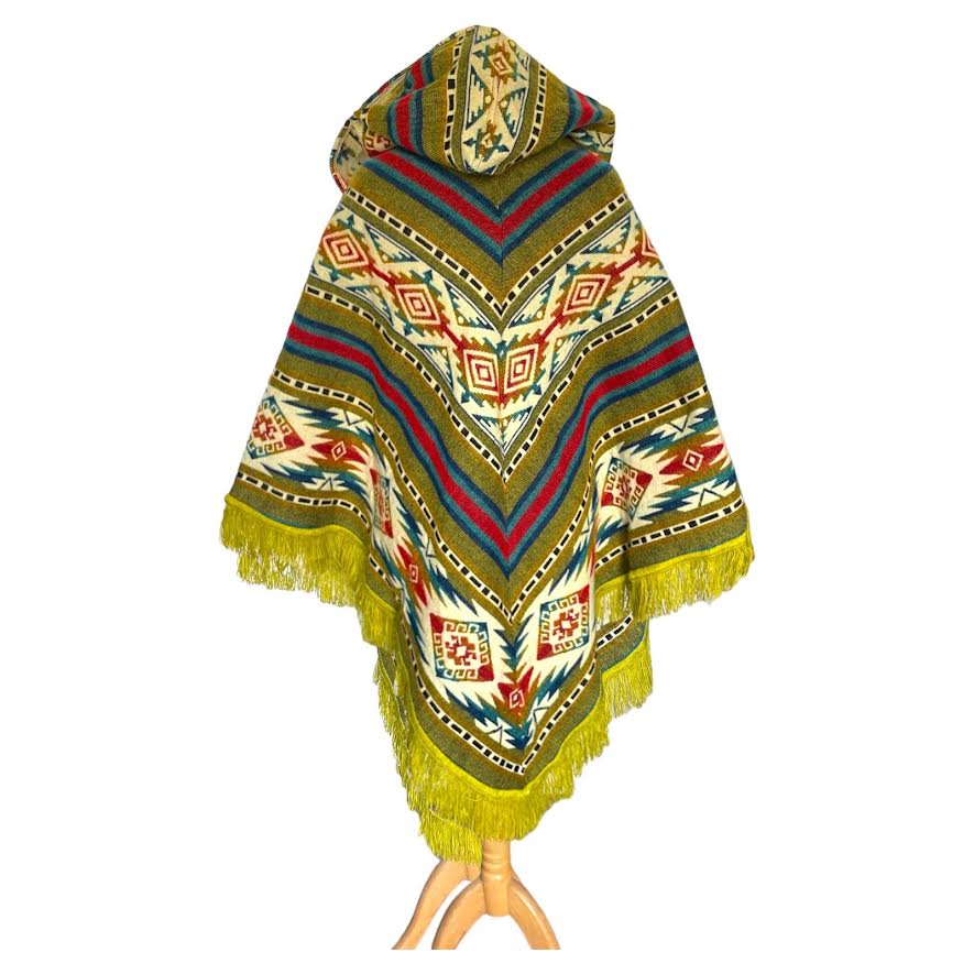 Yellow Alpaca Wool Hooded Poncho with Aztec Pattern