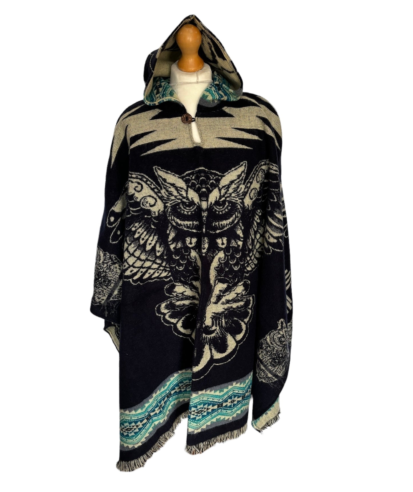 Black Alpaca Wool Hooded Poncho with Owls