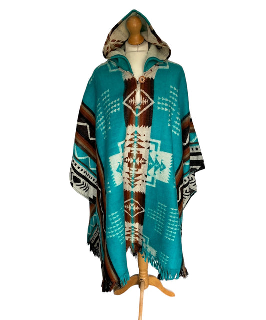 Green Crocheted Pattern Hooded Poncho