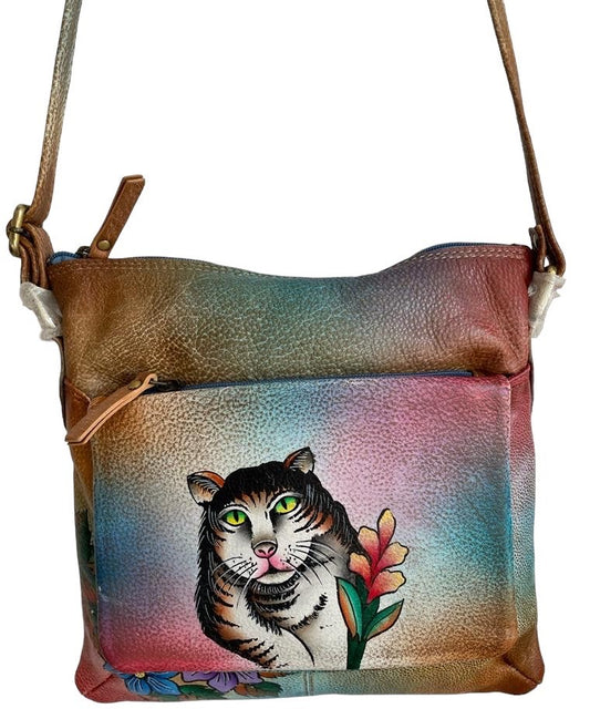 Hand painted Leather Bag with Cat