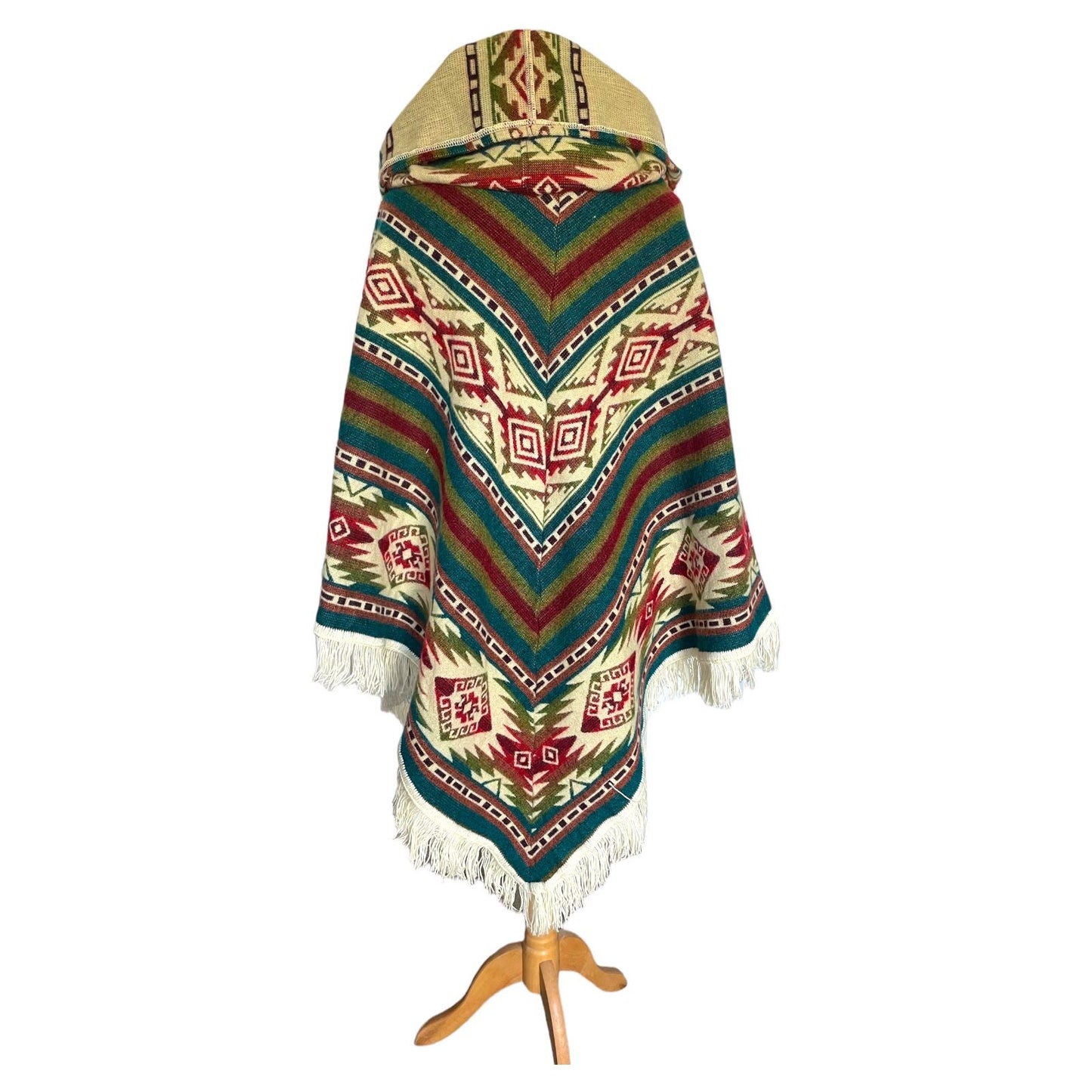 Multi coloured Alpaca Wool Hooded Poncho with Aztec Pattern